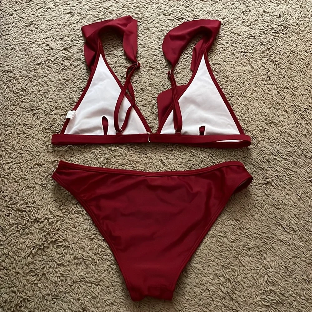 EUC VICI Red Ruffle Shoulder Bikini Large - Picture 2 of 5
